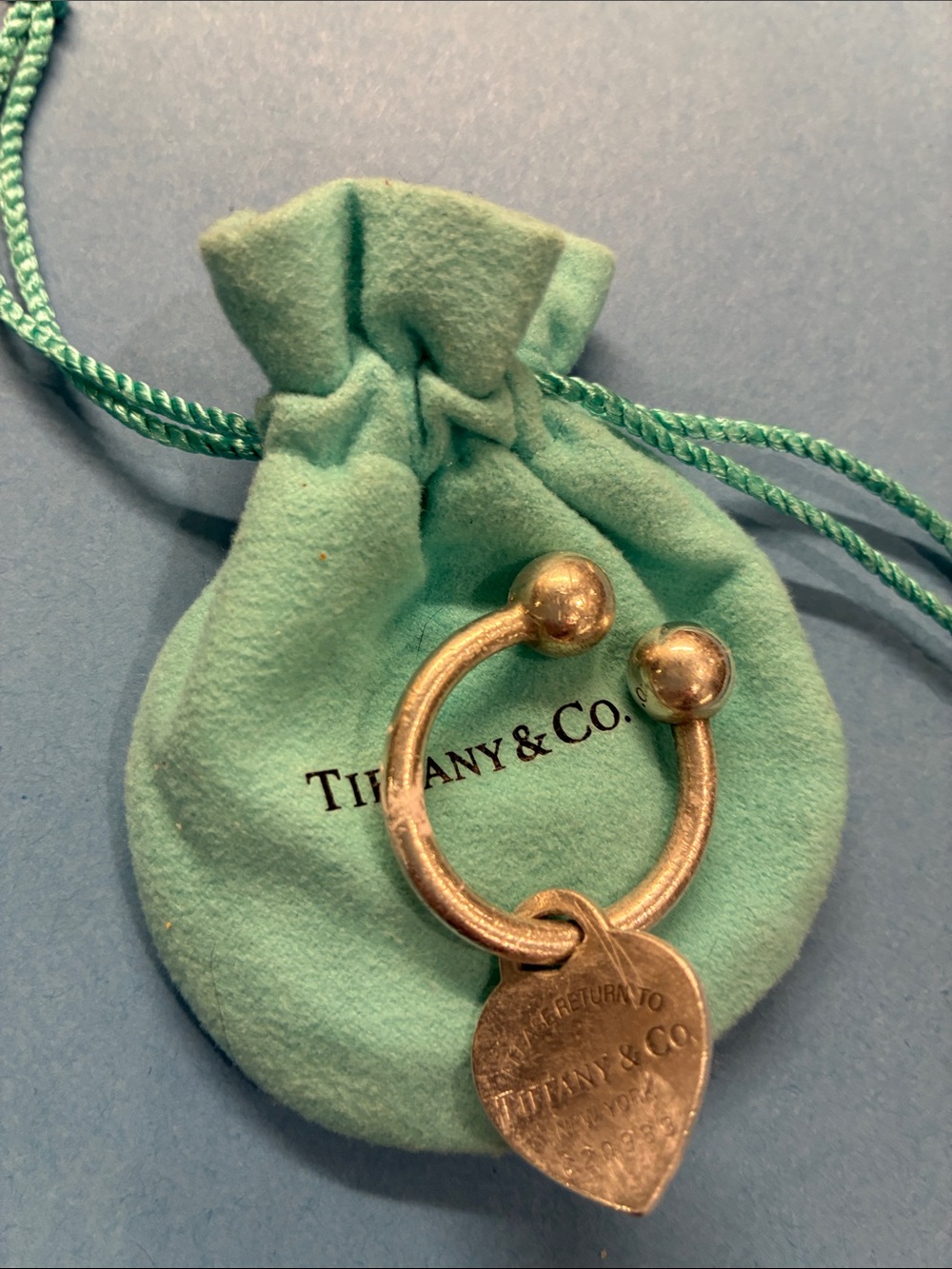 Tiffany & Co. Sterling Silver Heart Tag Keyring with Signature Blue Pouch